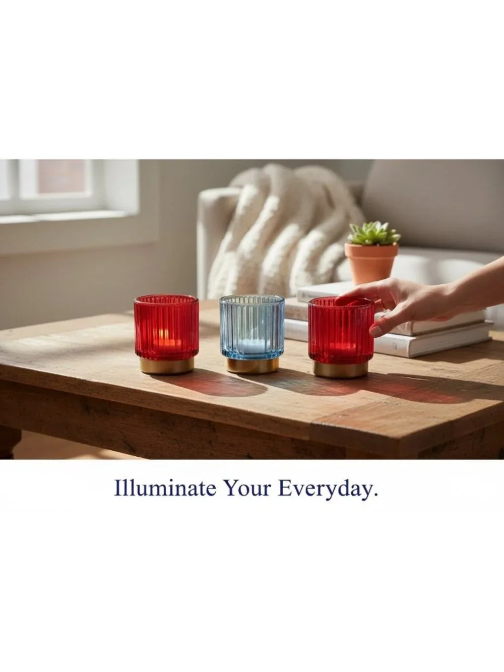 Set Of 3 Ribbed Glass Candle Holders With Gold Bases In Red & Blue
